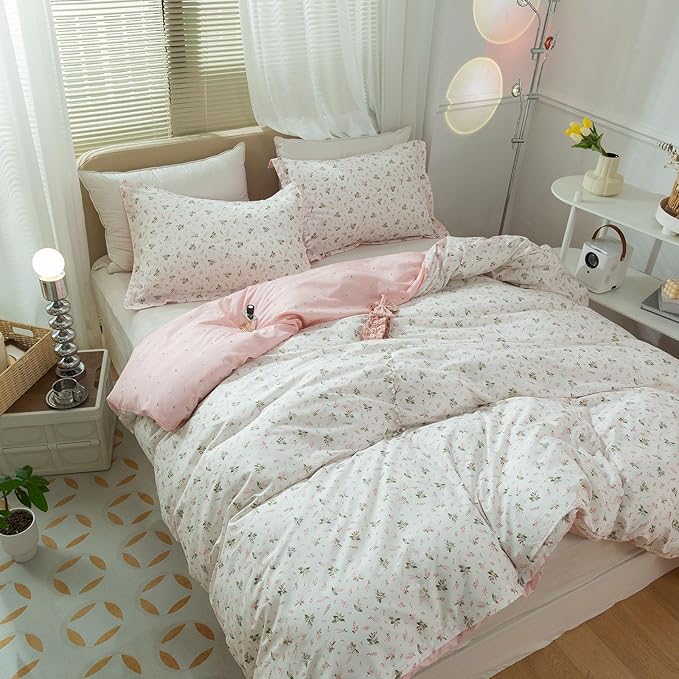 LifeTB Pink Flower Duvet Cover Twin XL Girls Aesthetic Floral Duvet Cover White Soft 100% Cotton Flower Bedding Set Cottage Floral Comforter Cover with Zipper Closure, Breathable, Easy Care