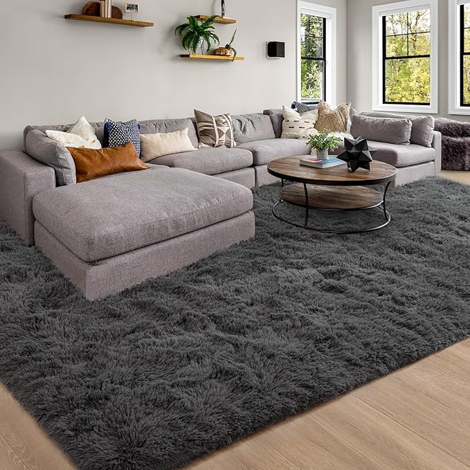 Merelax Soft Modern Indoor Large Shaggy Rug for Livingroom Bedroom Dorm Kids Room Home Decor, Non-Slip Plush Fluffy Furry Fur Area Rugs Comfy Nursery Accent Floor Carpet 9x12 Feet, Dark Grey