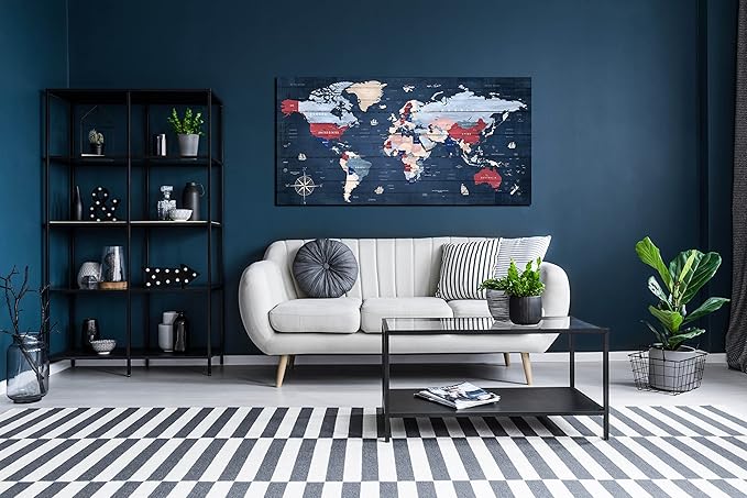 ZHAOSHOP World Maps for Wall - Blue Wall Decor for Living Room - World Map Canvas Wall Art Ready to Hang Size 59" x 29"