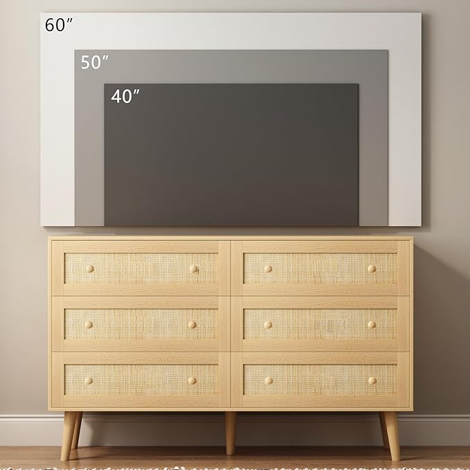 6 Drawer Dresser for Bedroom, 47.3" Rattan Chest of Drawers with Wooden Knobs, Natural Wood Dresser for Closet TV Stand Storage Organizer for Bedroom, Hallway, Office, Oak