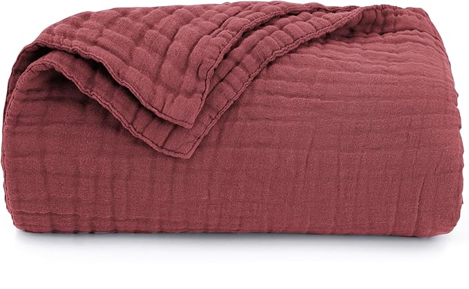 Love's cabin 6 Layer 100% Cotton Muslin Blanket, 108"x90" Muslin King Size Blanket for Bed Couch, Lightweight and Breathable Cotton Gauze for Adult, Wine Red