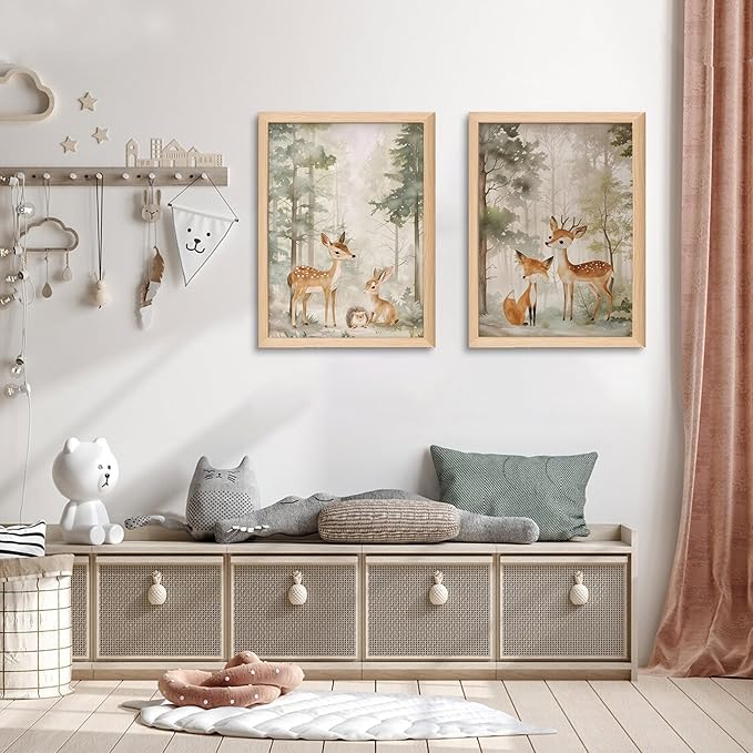 Framed Woodland Wall Art Set of 3, Wild Animals Nursery Wall Decor, Cute Bear Fox Deer Watercolor Canvas, Forest Animal Pictures Print for Baby Room Decor Home Decoration – 12X16 inch