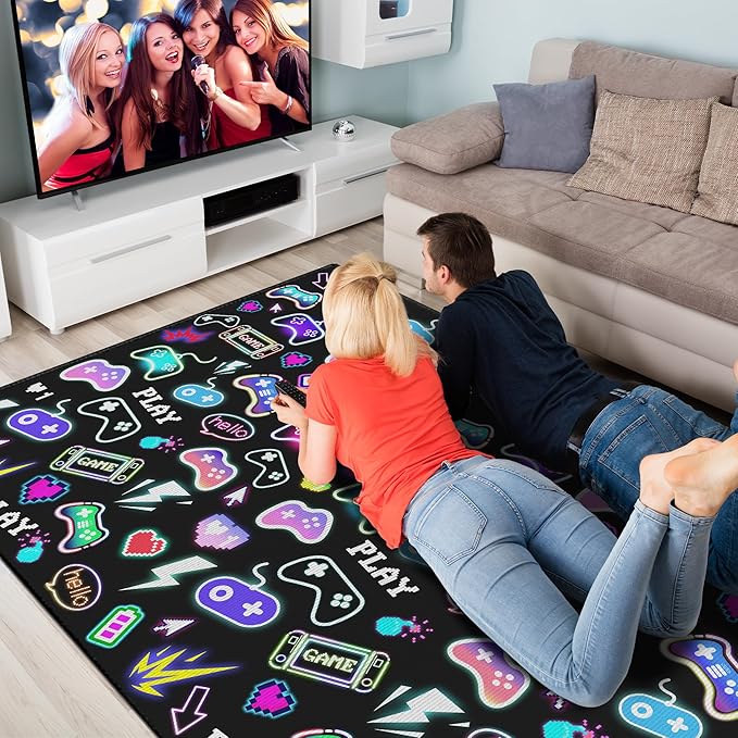 59"x39" Gaming Play Rug for Bedroom, Gaming Controller Mat Gamepad for Playroom, Gamer Décor for Game Lover Washable Carpet,Black