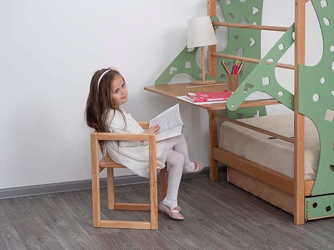 BUSY WOOD Monkey Bed – Twin Frame with Storage & Desk – Montessori Indoor Playground – Jungle Gym Furniture for Kids – Toddler Sleeping Frame with Drawers & Removable Table