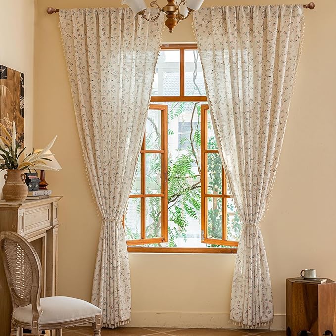 OYX Boho Floral Curtains 63 Inch Length 2 Panels for Living Room, Bedroom Light Filtering Drapes, Farmhouse Vintage Country French Rustic Tassels Pattern Rod Pocket Aesthetic Decor Window Treatments
