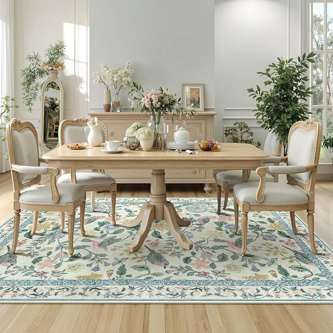 Green Floral 5x7 Area Rug, Washable Non-Slip Boho Rugs for Living Room Low Pile Flower Birds Bedroom Rug, Soft Non-Shedding Botanical Indoor Carpet for Nursery Playroom Dining Room