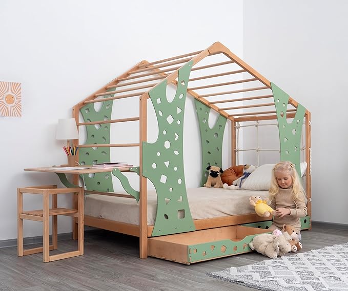 BUSY WOOD Monkey Bed – Twin Frame with Storage & Desk – Montessori Indoor Gym for Kids – Jungle Playground with Drawers & Foldable Table