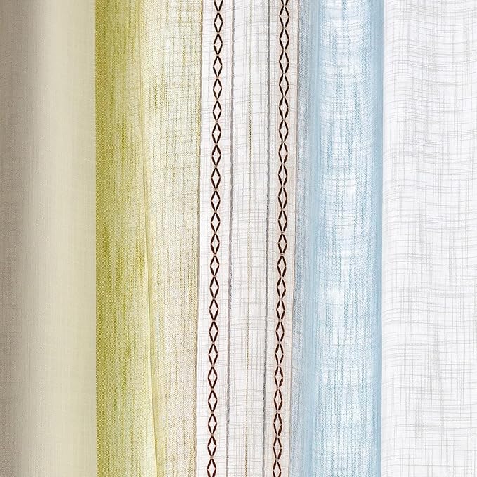 Deeprove Boho Linen Curtains 63 inch for Bedroom Living Room, Semi Blackout American Farmhouse Tassels Window Treatment Bohemian Embroidery Drape Rod Pocket 1 Panel 52" W x 63" L, Blue and Sage Green