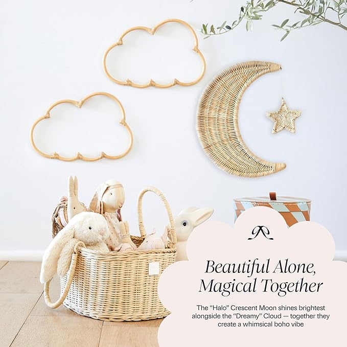 BEBE BASK Handmade Rattan Moon Wall Decor with Star - 100% Natural Organic Rattan Moon Decor for The Boho Nursery Decor - Moon and Stars Nursery Décor