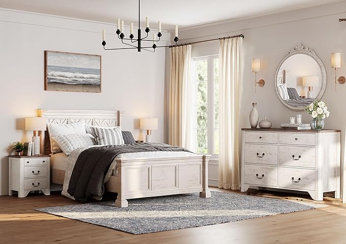 WAMPAT Baby Dresser with 6 Drawers for Bedroom, 47.2“ Wide Farmhouse Dresser with Large Drawers for Bedroom, Living Room, Hallway, White