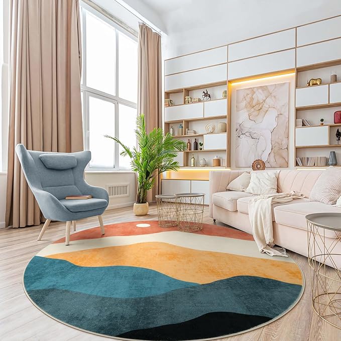 Mountain Round Rugs 8ft, Abstract Circle Rug for Living Room Non Slip Washable Bedroom Area Rug, Soft Extra Large Round Carpet for Nursery Dinng Room Playroom(Multi)