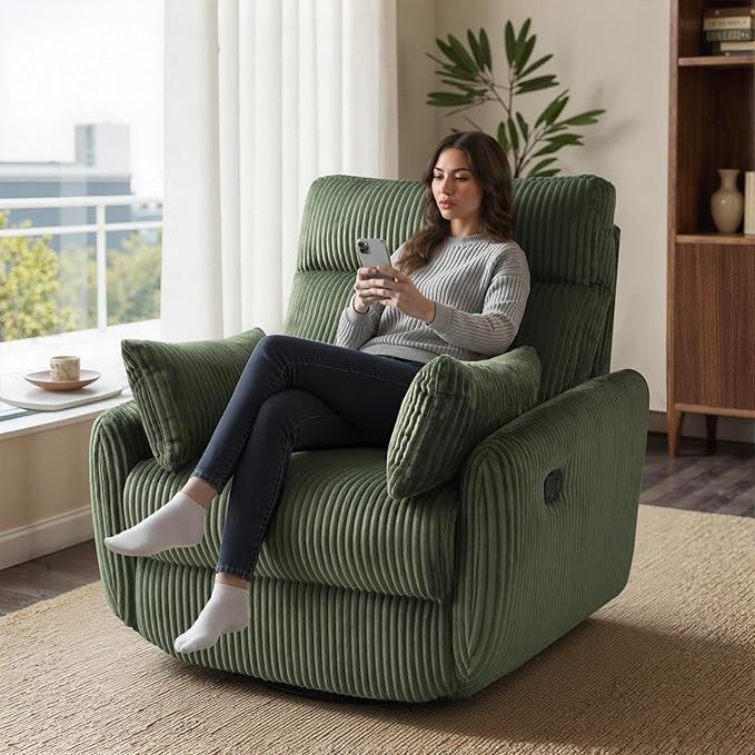 Swivel Recliner Chair for Adults, Corduroy Nursery Glider Rocking Chair, Armchair with 2 Pillows, Comfy High Back Reclining for Small Spaces, Nursery Bedroom Living Room (Corduroy Green, 1 Pack)