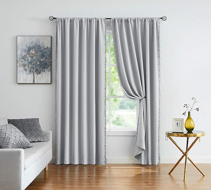 Treatmentex Pom Pom Grey Curtains for Bedroom Windows 84 inch Energy Efficient Thermal Insulated Living Room Darkening Curtain Panels Drapes Nursery Room Children 52" w x2 Panels Rod Pocket