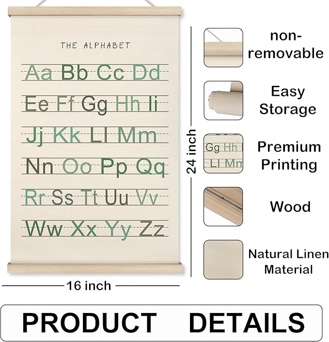 HRQKO Alphabet Numbers Poster Hanger Frame Set of 2, Nursery Wall Decor, Boho ABC Poster Wall Art with Wooden Frames, Sage Green Alphabet Banner Wall Hanging Decor for Toddler Playroom, 16x24 inch