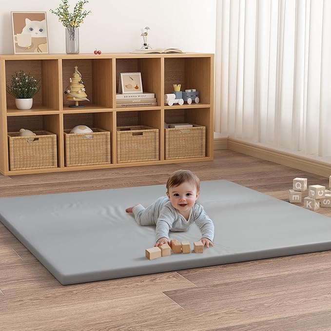 Padded Baby Play Mat, 1.3 Inch Thicken Foam Cushioned & 50 x 50 Waterproof Playpen Mat for Infants and Toddlers, Stylish and Just Wipe-Clean Playmat for Baby Play on Floor, Gray