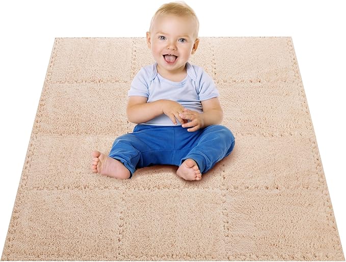 12 pcs Thickened Plush Foam Interlocking Floor Mat, Interlocking Foam Tiles with Edgings for Kids, Soft Anti-Slip Puzzle Area Square Rug Playmat for Children Room Bedroom(11.8", Light Brown)