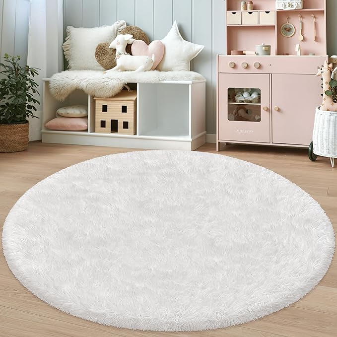 5 ft Round Fluffy White Rug for Bedroom,Tie Dyed Furry Round Carpet Non Slip Fuzzy Shaggy Plush Circle Area Rug for Living Room Teen's Room Nursery Room Playroom Kids Room Home Decor Washable