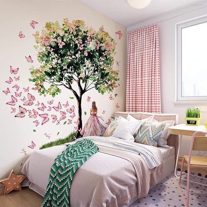 Fairy Garden Wall Decals, Pink Butterfly Large Tree with Princess Design, Removable Peel and Stick Nursery Decor, Cute Girls Room Wall Stickers, 33.5x32.3 Inch (Green Pink)