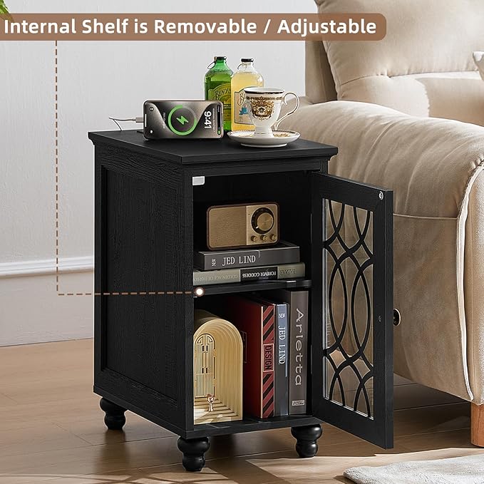 Narrow Side Table with Charging Station, Night Stand with Glass Door, Bedside End Tables with Adjustable Shelf Storage Cabinet,Wood Nightstand for Small Spaces Living Room Bedroom