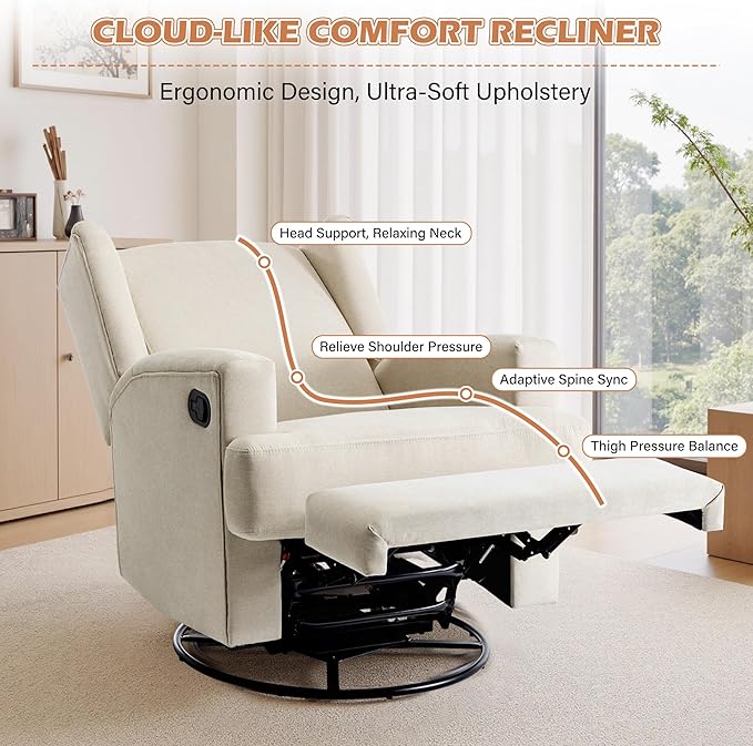 UIXE Swivel Glider Recliner Chair for Adults, Fabric High Back Accent Chair Nursery Rocker for Living Room, Upholstered Manual Reclining Sofa Seating with Deep Seat - Beach
