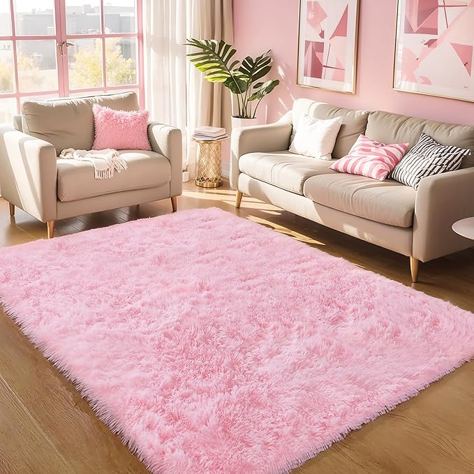 KCHOWUA Pink Fluffy Shag Rug for Bedroom Girls,6'x9' Machine Washable Plush Fuzzy Throw Large Area Rugs for Living Room,Modern Soft Cute Shaggy Furry Nursery Kids Baby Dorm Room Carpets