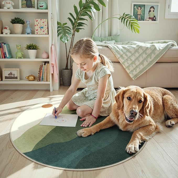 Circle Rug 3ft, Small Round Rugs Non Slip Washable, Abstract Mountain Round Carpet for Bedroom, Low-Pile Throw Mat for Kitchen Entryway Bathroom Home Decor(Green)