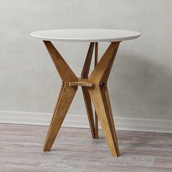 COZAYH Farmhouse End Table Distressed Wood Side Table with Crisscross Legs and X Legs, Accent Table with White Top and Tripod Base for Living Room, Office, Boho Decor, Modern Rustic, Nature, Round