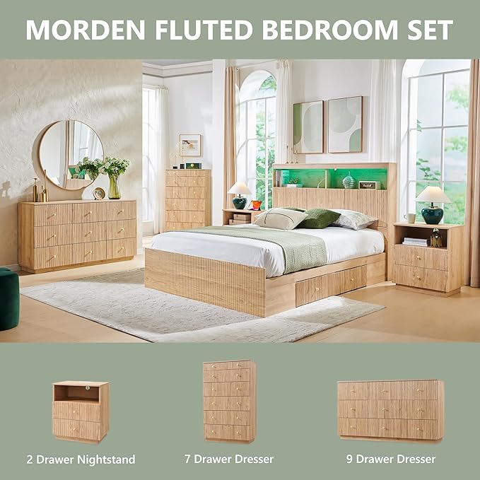 Fluted Dresser for Bedroom, 55" W 9 Drawer Dressers, Wood Tall Dresser Storage Organizer, Modern Bedroom Chest of Drawers with Deep Storage for Closet Hallway, Entryway, Living Room Natural