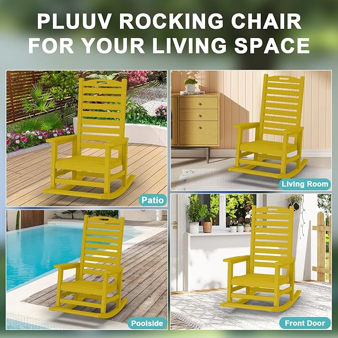 Outdoor Rocking Chair Set of 4 with Removable Footboard for Adults, HDPE High Back Patio Rocking Chairs, 330lbs All Weather Porch Rocking Chairs for Outdoor & Indoor -Yellow