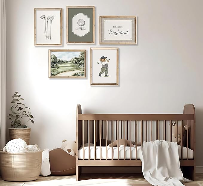 Vintage Golf Nursery Wall Art Retro Sport Kids Room Canvas Wall Decor Teddy Bear Pictures Sage Green Antique Posters Baby Animal Painting Print Artwork for Baby Boy Girl Room Playroom, Unframed