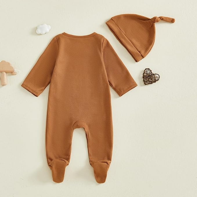 Hello I'm New Here Newborn Outfit Boy Letter Embroidery Waffle Knit Long Sleeve Footed Jumpsuit Coming Home Outfit Hat