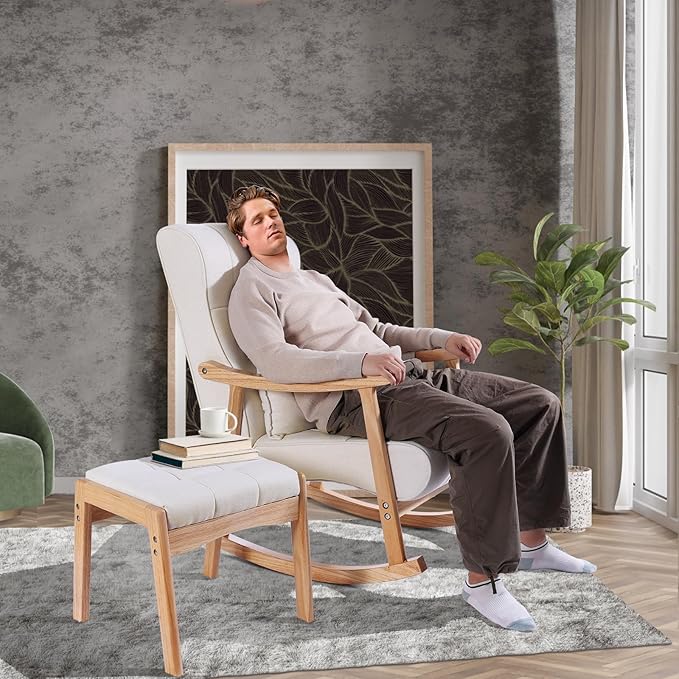 NOBLEMOOD Rocking Chair Indoor with Ottoman, Nursery Rocking Chair with Lumbar Pillow, High Back Upholstered Solid Wood Frame Rocker for Living Room