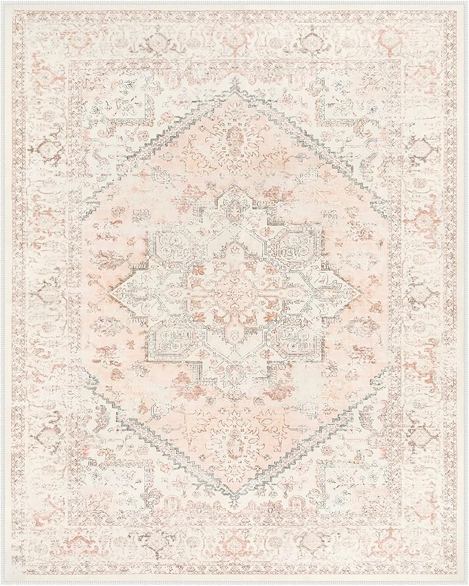 LIVEBOX Pink Area Rug 8x10 - Large Oriental Floral Living Room Rugs Accent Rug for Bedroom, Non-Slip Retro Medallion Carpet Print Distressed Rugs for Dining Room Office (Pink/Peach)