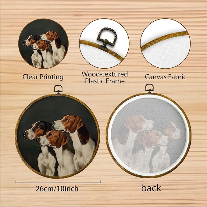 Hiuwevt Hound Dog Round Wall Art Decor, Whimsical Dark Moody Three English Foxhounds Framed Canvas Prints, Retro Dogs Portrait Round Wall Hanging Decor for Bedroom Home Decorations, 10x10 Inches