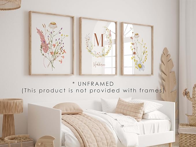 Personalized Name Flower Nursery Wall Art Prints, Crib & Nursery dรฉcor, Newborn Baby Girl Gift Present, Floral Baby Girl Room Pictures, Poster For Baby And Kids (3 Prints, Flower 5)