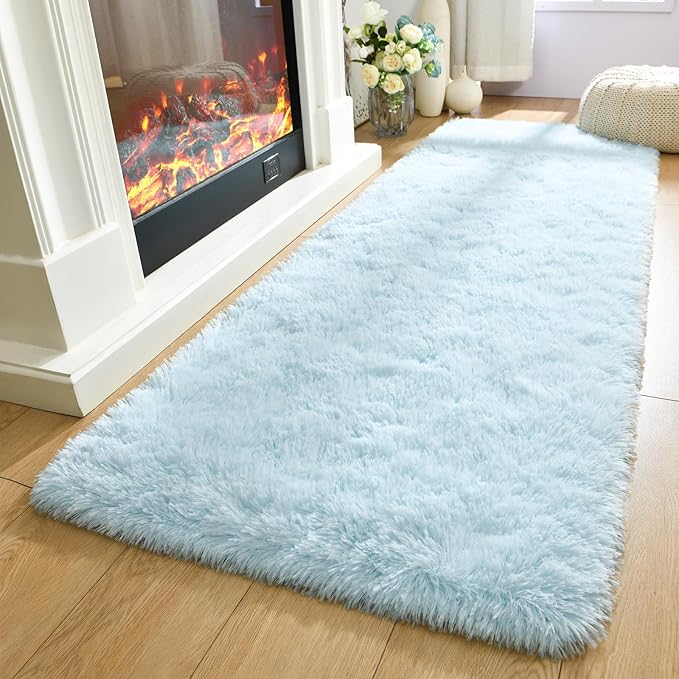 Merelax Soft Fluffy Rugs for Bedroom Living Room, 2x6 Hallway Runner Rugs, Furry Shag Bedside Area Rug Indoor Accent Floor Carpet, Plush Fuzzy Rug for Dorm Nursery Kids Room Decor, Baby Blue