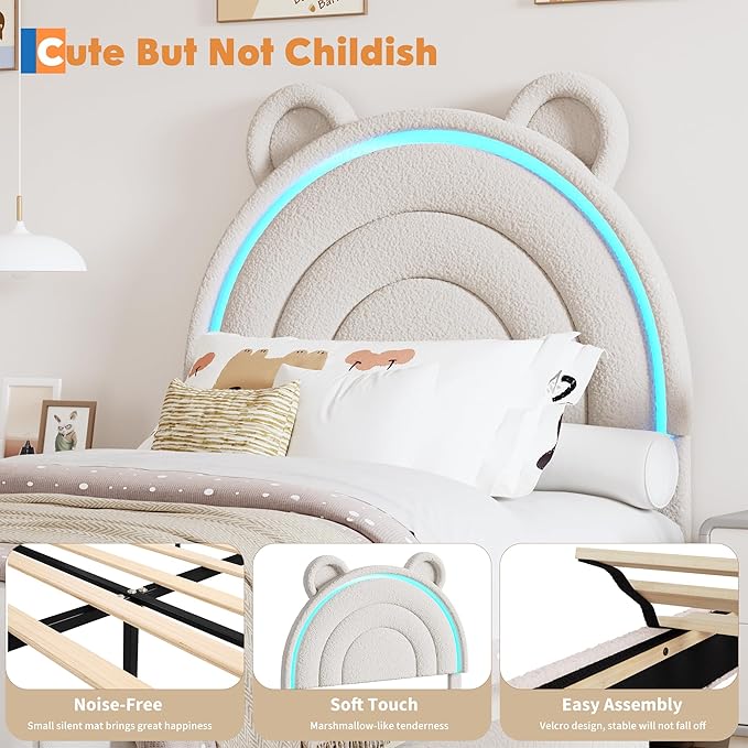Garvee Twin Size Bed Frame with 2 Storage Drawers & LED Lights, Velvet Upholstered Platform Bed with Rainbow Headboard for Kids/Boys, Solid Wood Slats Support, No Box Spring Needed, Grey