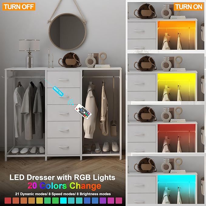 Dresser for Bedroom with Clothes Rack 5 Drawer Dresser with Charging Station LED Lights White Chest of Drawers Flexible Shelf and Open Storage Space for Bedroom Living Room (White)