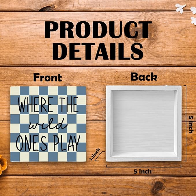 Where The Wild Ones Play Wood Box Sign Desk Decor 5X5, Nursery Kids Room Wooden Block Sign Decorations for Playroom Toddler Boys Room Wall Tabletop Shelf Decor