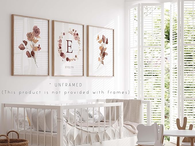 Personalized Name Flower Nursery Wall Art Prints, Crib & Nursery dรฉcor, Newborn Baby Girl Gift Present, Floral Baby Girl Room Pictures, Poster For Baby And Kids (3 Prints, Flower 1)