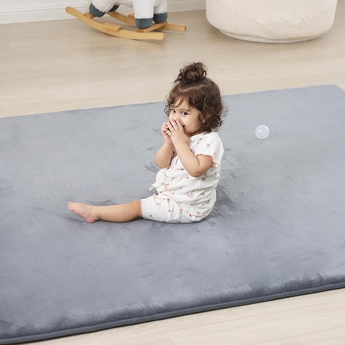 1.3" Thick Baby Floor Play Mat 79x158, Basic Padded Foam Mat for Tummy Time Crawling, Non Slip Cushioned for Babies Toddlers Infants Kids (Light Grey)