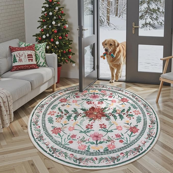 Wonnitar Christmas Decorations for Bedroom, Round Christmas Rug for Entryway Indoor, 4ft Washable Circle Rug Holiday Decor Non Slip Small Round Carpet for Living Room Kids Room Bathroom Xmas Tree