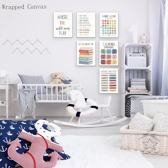 UNXIS Growth Mindset Poster Positive Affirmations Wall Decor It Is Ok To Be Yourself Frame Canvas Wall Art Calming Corner Strategies Chart 8x10in Set of 6 for Boy Girl Baby Children's Room