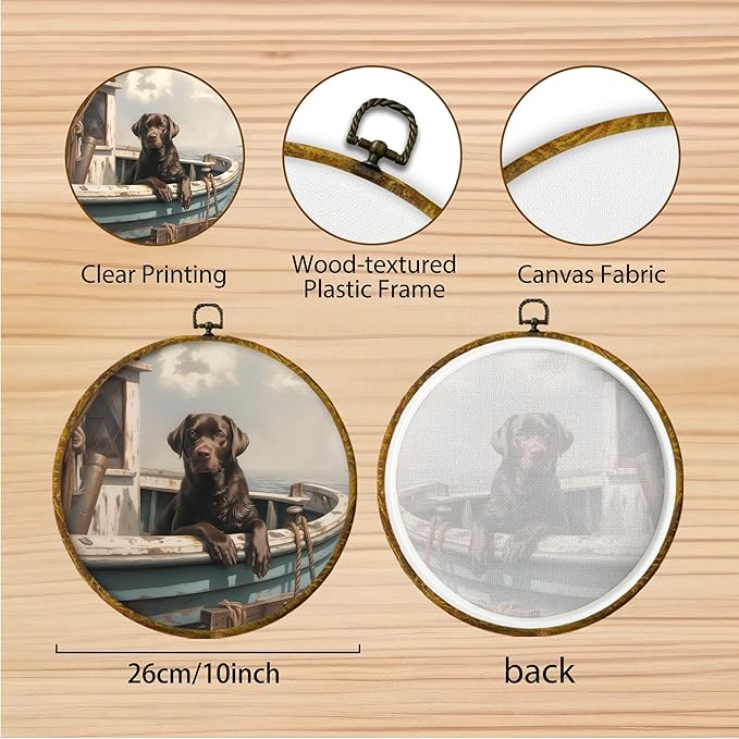 Hiuwevt Nautical Labrador Retriever Round Wall Art Decor, Chocolate Lab Gift Framed Canvas Prints, Coastal Nautical Lab Dog Round Wall Hanging Decor for Home Bedroom Room Decorations, 10x10 Inches