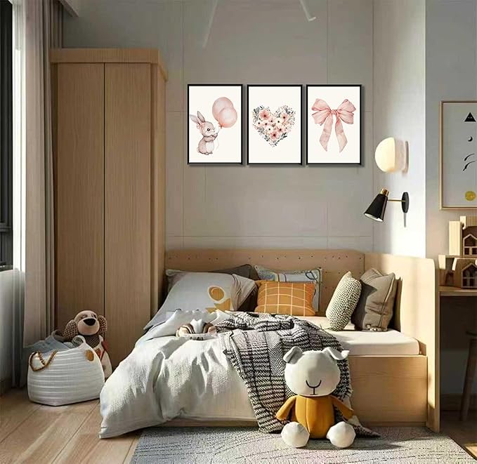 3 Pcs Nursery Bunny Wall art Love Wildflowers Painting Pictures Cute Animal Posters Prints Pink Girl Canvas Wall Decor for Girls and Boys Kids Room Baby Room Decor