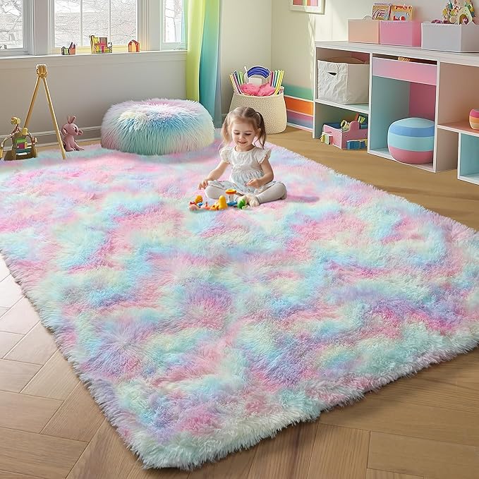 ONASAR Rainbow Area Rugs for Girls Bedroom, 4x6 Fluffy Bedside Colorful Rug, Cute Washable Soft Plush Shaggy Princess Fuzzy Indoor Floor Carpet for Nursery Kids Baby Teen Dorm Playroom Home Decor