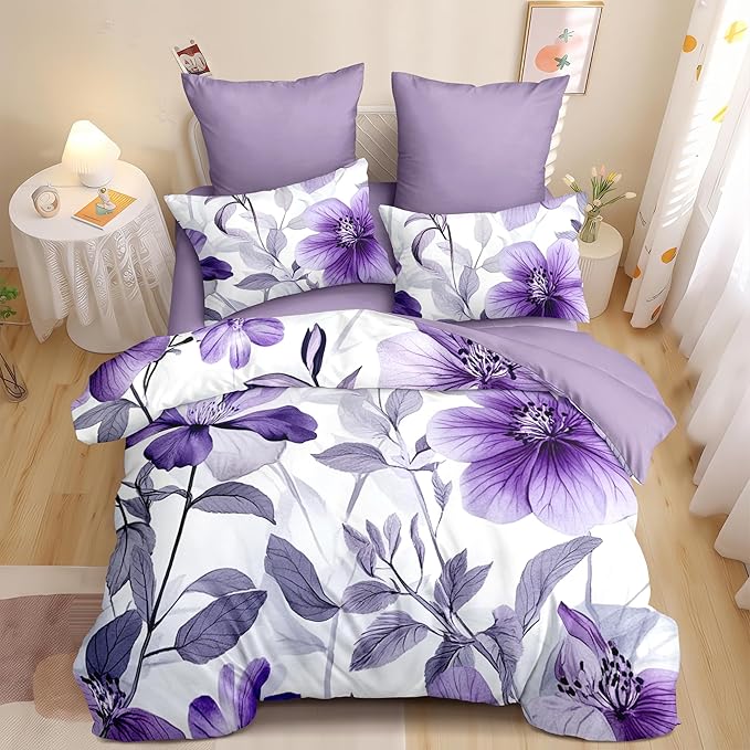 Nayoroom Purple Floral Comforter Set King Size Lavender Blooming Flower Leaf Printed Spring Comforter 3 Pcs Soft Lightweight Cottagecore Bedding Set for All Seasons (1 Comforter, 2 Pillowcases)