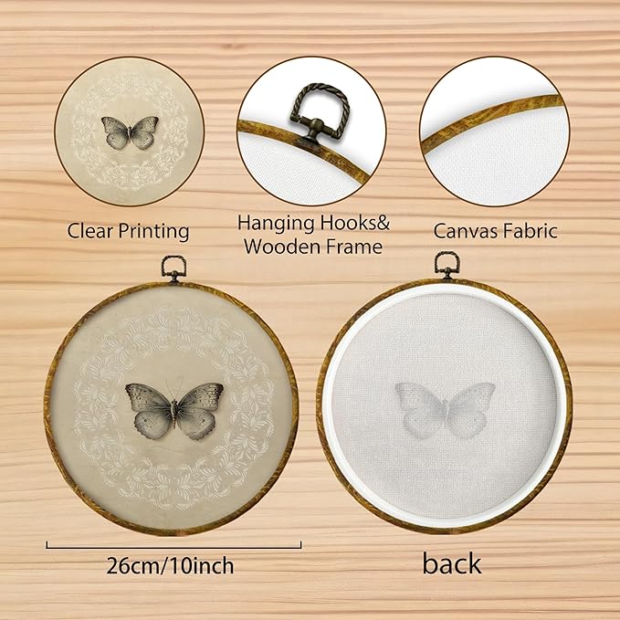 Hiuwevt Vintage Butterfly Round Wall Art Decor, Neutral Moody Butterfly Botanical Framed Canvas Prints, Retro Moth Round Wall Hanging Decor for Home Bedroom Living Room Decorations, 10x10 Inches