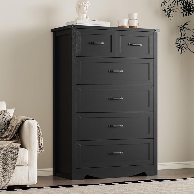 Tall 6-Drawer Dresser for Bedroom, Modern Wooden Chest of Drawers with Metal Handles, Anti-Tipping Design, Sturdy and Stable Storage Organizer for Living Room, Entryway, Home Office, Standard