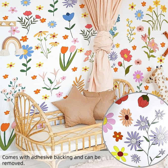 Boho Flower Wall Stickers Daisy Wildflower Wall Decals Leaf Floral Decor for Girls Bedroom Baby Nursery Kids Room Wall Decor